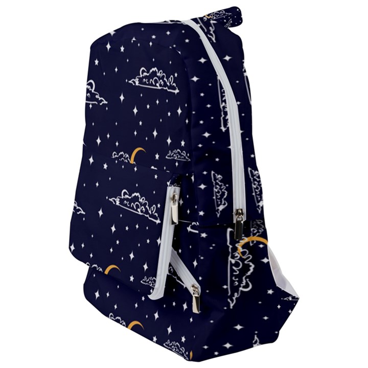 Hand-drawn-scratch-style-night-sky-with-moon-cloud-space-among-stars-seamless-pattern-vector-design- Travelers  Backpack