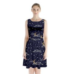 Hand-drawn-scratch-style-night-sky-with-moon-cloud-space-among-stars-seamless-pattern-vector-design- Sleeveless Waist Tie Chiffon Dress by uniart180623