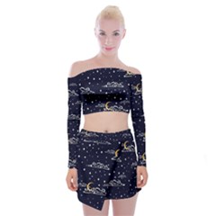 Hand-drawn-scratch-style-night-sky-with-moon-cloud-space-among-stars-seamless-pattern-vector-design- Off Shoulder Top With Mini Skirt Set