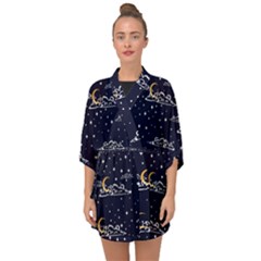 Hand-drawn-scratch-style-night-sky-with-moon-cloud-space-among-stars-seamless-pattern-vector-design- Half Sleeve Chiffon Kimono by uniart180623