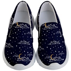 Hand-drawn-scratch-style-night-sky-with-moon-cloud-space-among-stars-seamless-pattern-vector-design- Kids Lightweight Slip Ons by uniart180623