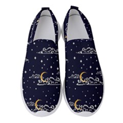 Hand-drawn-scratch-style-night-sky-with-moon-cloud-space-among-stars-seamless-pattern-vector-design- Women s Slip On Sneakers