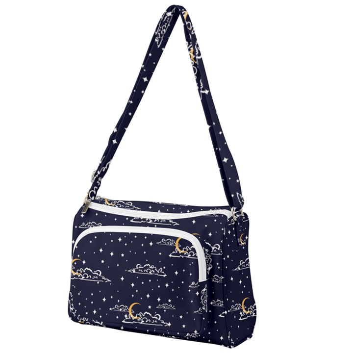 Hand-drawn-scratch-style-night-sky-with-moon-cloud-space-among-stars-seamless-pattern-vector-design- Front Pocket Crossbody Bag