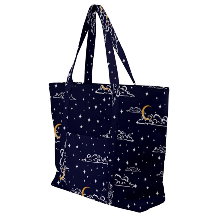 Hand-drawn-scratch-style-night-sky-with-moon-cloud-space-among-stars-seamless-pattern-vector-design- Zip Up Canvas Bag