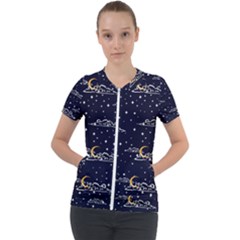 Hand-drawn-scratch-style-night-sky-with-moon-cloud-space-among-stars-seamless-pattern-vector-design- Short Sleeve Zip Up Jacket by uniart180623