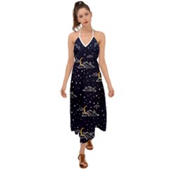 Hand-drawn-scratch-style-night-sky-with-moon-cloud-space-among-stars-seamless-pattern-vector-design- Halter Tie Back Dress  by uniart180623