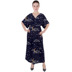 Hand-drawn-scratch-style-night-sky-with-moon-cloud-space-among-stars-seamless-pattern-vector-design- V-neck Boho Style Maxi Dress by uniart180623