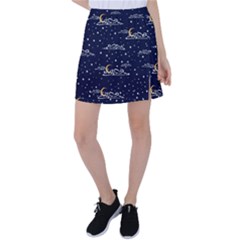 Hand-drawn-scratch-style-night-sky-with-moon-cloud-space-among-stars-seamless-pattern-vector-design- Tennis Skirt by uniart180623