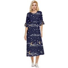 Hand-drawn-scratch-style-night-sky-with-moon-cloud-space-among-stars-seamless-pattern-vector-design- Double Cuff Midi Dress by uniart180623