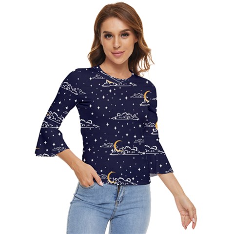 Hand-drawn-scratch-style-night-sky-with-moon-cloud-space-among-stars-seamless-pattern-vector-design- Bell Sleeve Top by uniart180623