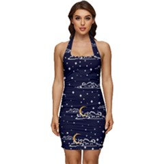 Hand-drawn-scratch-style-night-sky-with-moon-cloud-space-among-stars-seamless-pattern-vector-design- Sleeveless Wide Square Neckline Ruched Bodycon Dress by uniart180623