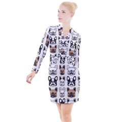 Dog-french-bulldog-seamless-pattern-face-head Button Long Sleeve Dress by uniart180623