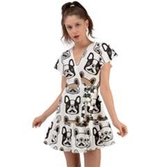 Dog-french-bulldog-seamless-pattern-face-head Flutter Sleeve Wrap Dress by uniart180623