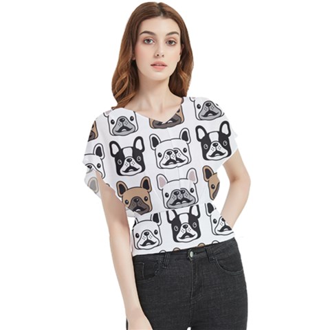 Dog-french-bulldog-seamless-pattern-face-head Butterfly Chiffon Blouse by uniart180623