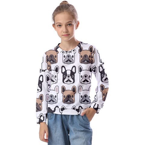 Dog-french-bulldog-seamless-pattern-face-head Kids  Long Sleeve Tee With Frill  by uniart180623