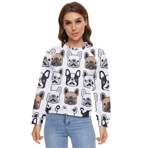 Dog-french-bulldog-seamless-pattern-face-head Women s Long Sleeve Raglan Tee by uniart180623