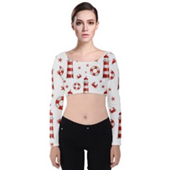 Nautical-seamless-pattern Velvet Long Sleeve Crop Top by uniart180623