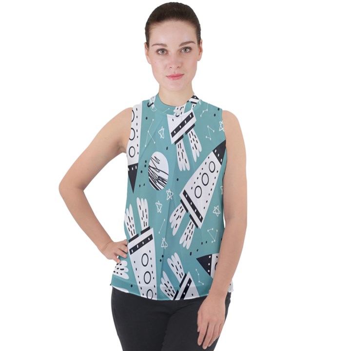 Cute-seamless-pattern-with-rocket-planets-stars Mock Neck Chiffon Sleeveless Top