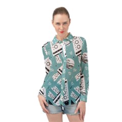 Cute-seamless-pattern-with-rocket-planets-stars Long Sleeve Chiffon Shirt