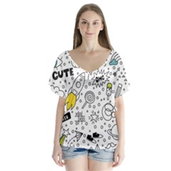 Set-cute-colorful-doodle-hand-drawing V-neck Flutter Sleeve Top by uniart180623