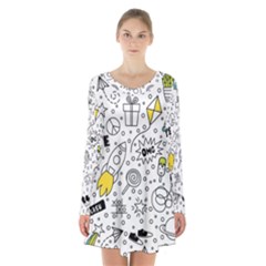 Set-cute-colorful-doodle-hand-drawing Long Sleeve Velvet V-neck Dress by uniart180623