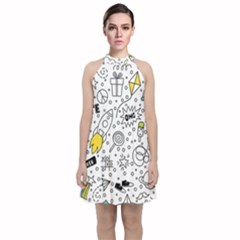 Set-cute-colorful-doodle-hand-drawing Velvet Halter Neckline Dress  by uniart180623