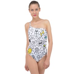 Set-cute-colorful-doodle-hand-drawing Classic One Shoulder Swimsuit by uniart180623