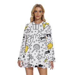 Set-cute-colorful-doodle-hand-drawing Round Neck Long Sleeve Bohemian Style Chiffon Mini Dress by uniart180623