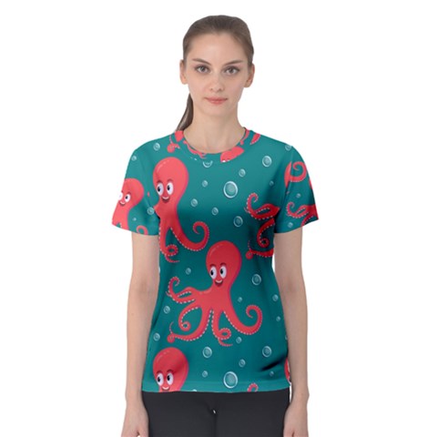 Cute-smiling-red-octopus-swimming-underwater Women s Sport Mesh Tee by uniart180623