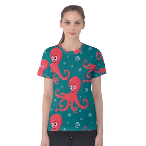 Cute-smiling-red-octopus-swimming-underwater Women s Cotton Tee by uniart180623