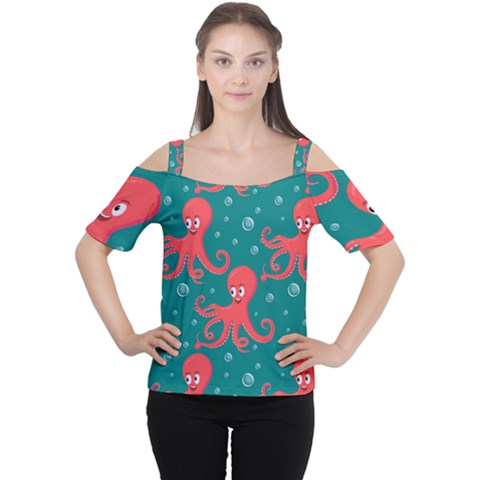 Cute-smiling-red-octopus-swimming-underwater Cutout Shoulder Tee by uniart180623