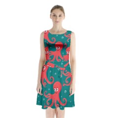 Cute-smiling-red-octopus-swimming-underwater Sleeveless Waist Tie Chiffon Dress by uniart180623