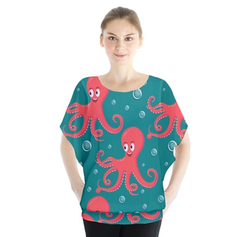 Cute-smiling-red-octopus-swimming-underwater Batwing Chiffon Blouse by uniart180623