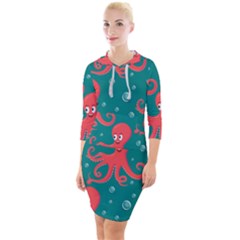 Cute-smiling-red-octopus-swimming-underwater Quarter Sleeve Hood Bodycon Dress by uniart180623