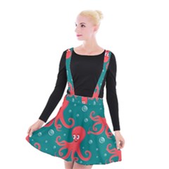 Cute-smiling-red-octopus-swimming-underwater Suspender Skater Skirt by uniart180623