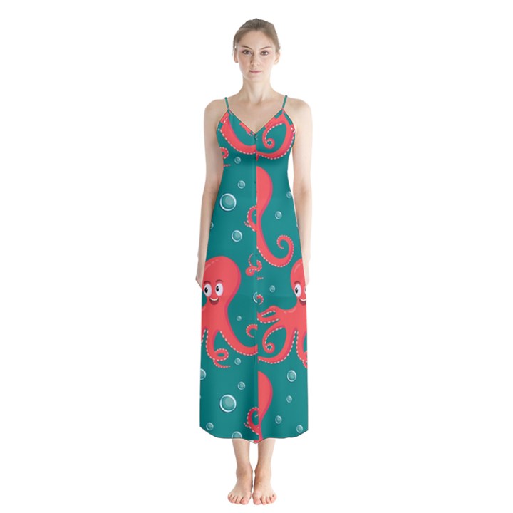 Cute-smiling-red-octopus-swimming-underwater Button Up Chiffon Maxi Dress