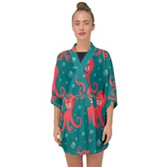 Cute-smiling-red-octopus-swimming-underwater Half Sleeve Chiffon Kimono by uniart180623