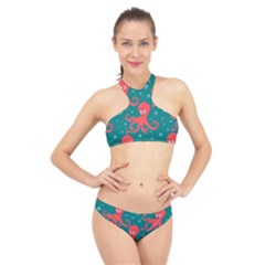 Cute-smiling-red-octopus-swimming-underwater High Neck Bikini Set by uniart180623