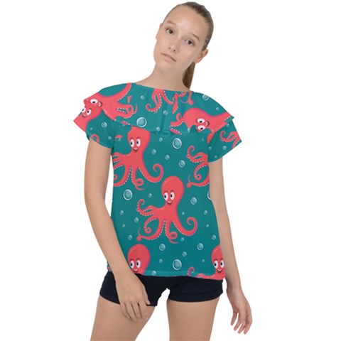 Cute-smiling-red-octopus-swimming-underwater Ruffle Collar Chiffon Blouse by uniart180623