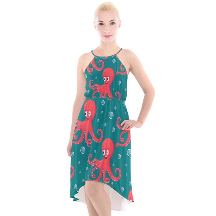 Cute-smiling-red-octopus-swimming-underwater High-Low Halter Chiffon Dress 