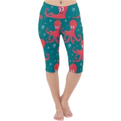 Cute-smiling-red-octopus-swimming-underwater Lightweight Velour Cropped Yoga Leggings by uniart180623