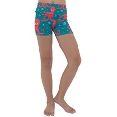 Cute-smiling-red-octopus-swimming-underwater Kids  Lightweight Velour Yoga Shorts by uniart180623