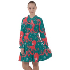 Cute-smiling-red-octopus-swimming-underwater All Frills Chiffon Dress by uniart180623