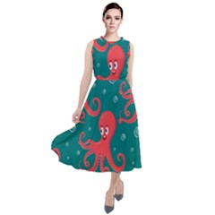 Cute-smiling-red-octopus-swimming-underwater Round Neck Boho Dress by uniart180623