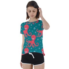 Cute-smiling-red-octopus-swimming-underwater Short Sleeve Open Back Tee by uniart180623