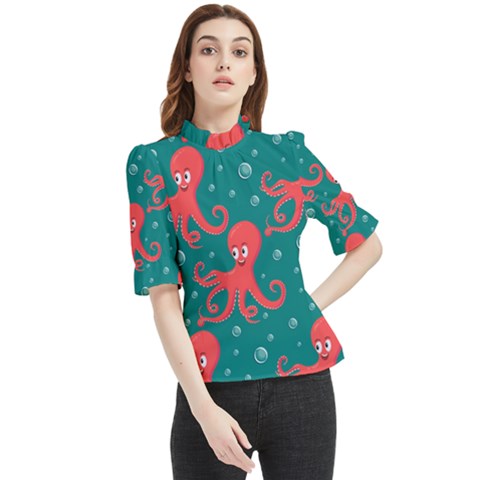 Cute-smiling-red-octopus-swimming-underwater Frill Neck Blouse by uniart180623