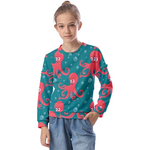 Cute-smiling-red-octopus-swimming-underwater Kids  Long Sleeve Tee With Frill  by uniart180623