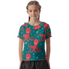 Cute-smiling-red-octopus-swimming-underwater Kids  Frill Chiffon Blouse by uniart180623