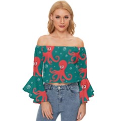 Cute-smiling-red-octopus-swimming-underwater Off Shoulder Flutter Bell Sleeve Top by uniart180623