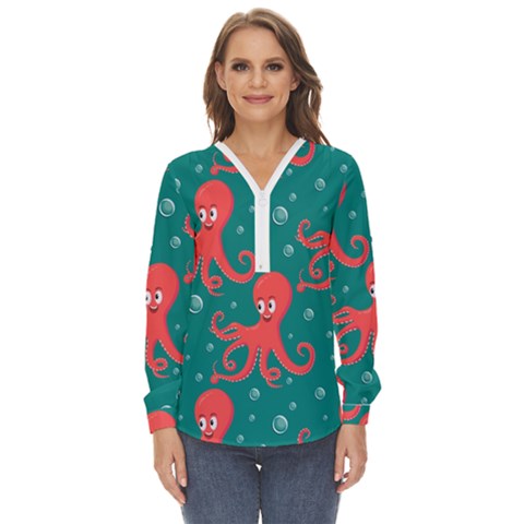 Cute-smiling-red-octopus-swimming-underwater Zip Up Long Sleeve Blouse by uniart180623